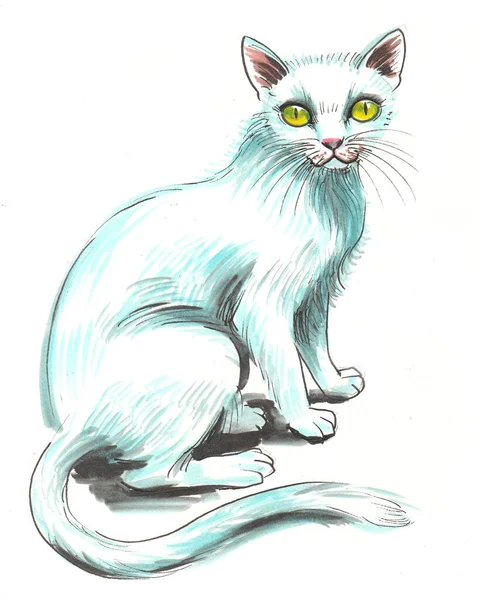 Gato Blanco Sentado Dibujo Tinta Acuarela —  Fotos de Stock