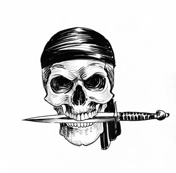 Calavera Pirata Muerta Con Una Daga Dibujo Blanco Negro Tinta —  Fotos de Stock