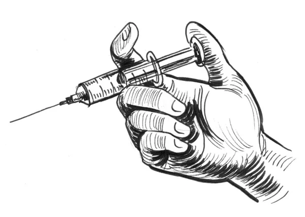 Hand Syringe Ink Black White Drawing — Stock Photo, Image