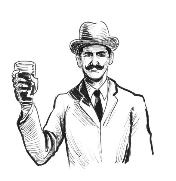 Gentleman Glass Beer Ink Black White Drawing — Stock Photo, Image