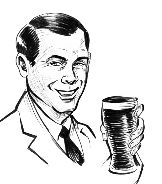 Feliz Hombre Sonriente Con Vaso Cerveza Dibujo Blanco Negro Tinta —  Fotos de Stock