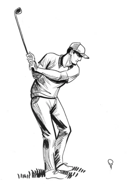Golf Oynayan Adam Mürekkep Siyah Beyaz Çizim — Stok fotoğraf