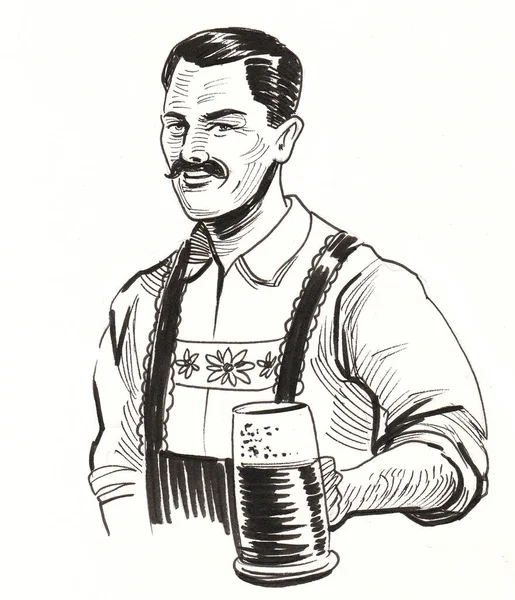 ドイツ人男性がビールを飲む 墨と白のドローイング — ストック写真