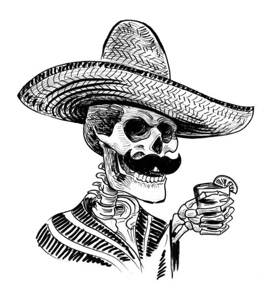 Mexicano Muerto Con Vaso Tequila Dibujo Blanco Negro Tinta — Foto de Stock