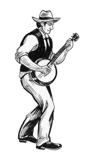 Country Müzisyeni Banço Çalıyor Mürekkep Siyah Beyaz Çizim — Stok fotoğraf