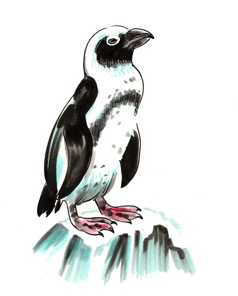 Pingwin Lodzie Rysunek Atramentu Akwareli — Zdjęcie stockowe