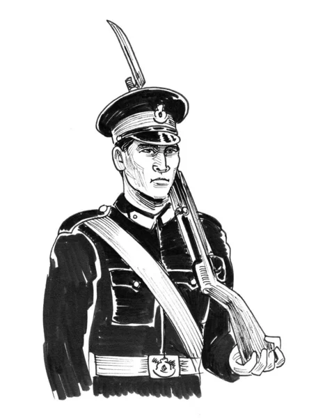 Żołnierz Służbie Atrament Czarny Biel Rysunek — Zdjęcie stockowe