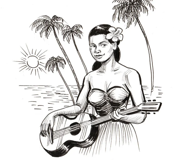 Mujer Hawaiana Bonita Tocando Guitarra Playa Dibujo Blanco Negro Tinta — Foto de Stock