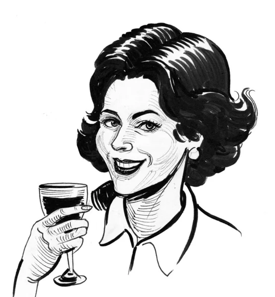 Bella Donna Con Bicchiere Vino Rosso Inchiostro Disegno Bianco Nero — Foto Stock