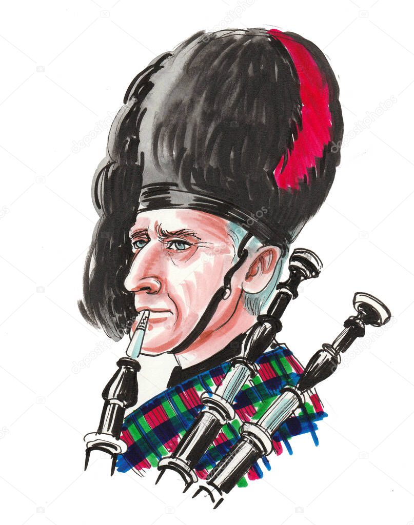 Scottish soldier playing bagpipes. Ink and watercolor drawing
