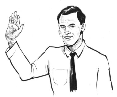 Elini kaldırarak selam veren bir adam. Mürekkep siyah beyaz çizim