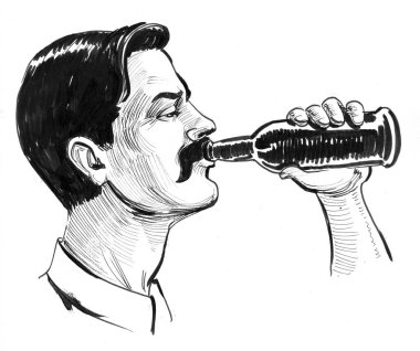 Şişeden bira içen bıyıklı bir adam. Mürekkep siyah beyaz çizim