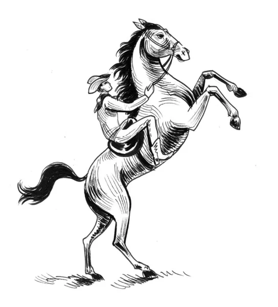 Cowboy Che Cavalca Cavallo Inchiostro Disegno Bianco Nero — Foto Stock