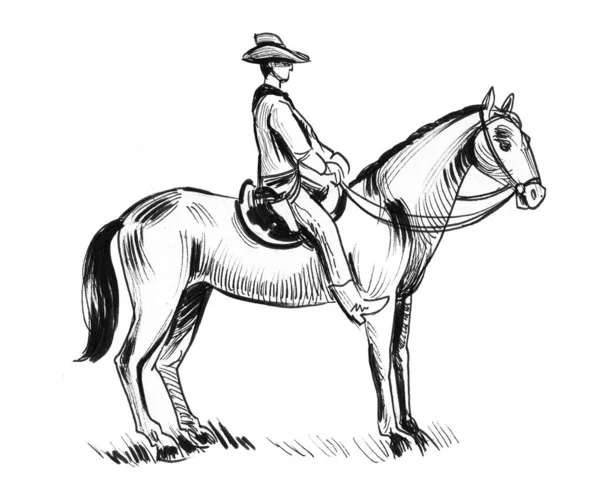 Cowboy Riding Horse Ink Black White Drawing — Stock Photo, Image