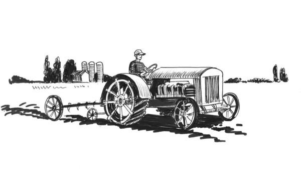 Jordbrukare Traktor Bläck Svart Och Vitt Ritning — Stockfoto