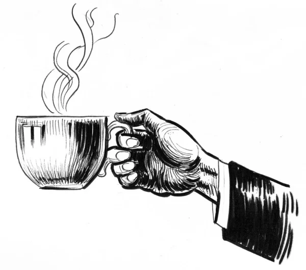 Рука Держит Чашку Чая Чернила Черно Белые — стоковое фото