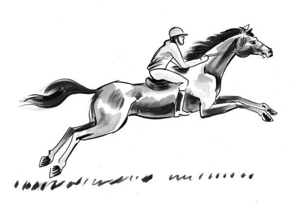 ジャンプ馬の上のジョッキー 墨と白のドローイング — ストック写真