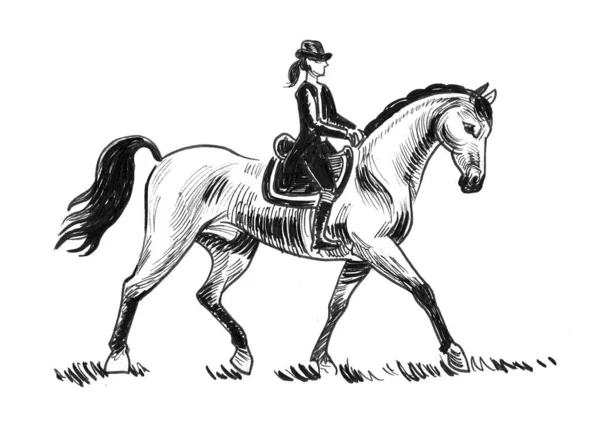 Κυρία Καβαλάει Άλογο Μελάνι Ασπρόμαυρο Σχέδιο — Φωτογραφία Αρχείου