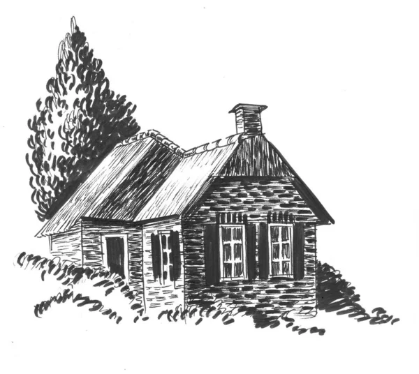 Παλιό Πέτρινο Σπίτι Και Δέντρα Μελάνι Ασπρόμαυρο Σχέδιο — Φωτογραφία Αρχείου