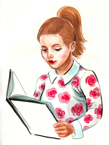 Girl Reading Book Ink Watercolor Drawing — 图库照片