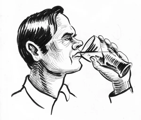 酗酒的人在杯子里喝啤酒 墨水黑白画 — 图库照片