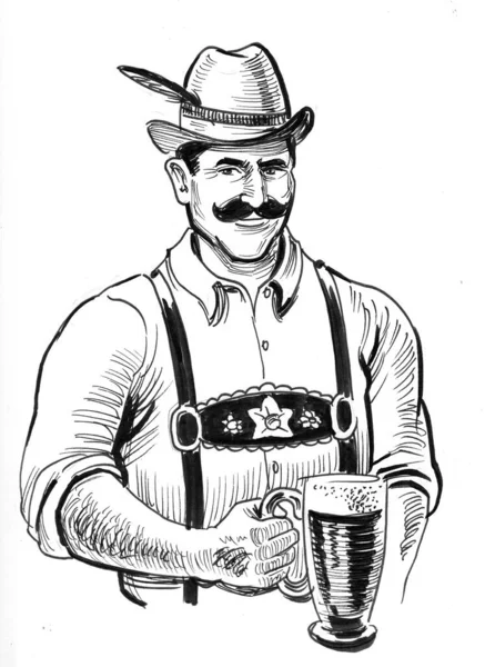 Homme Allemand Costume Traditionnel Buvant Bière Encre Dessin Noir Blanc — Photo