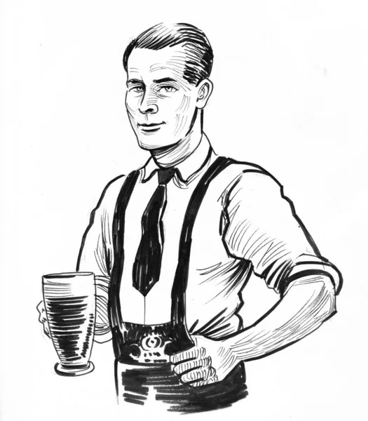 ドイツ人男性がビールを飲んでいる 墨と白のドローイング — ストック写真