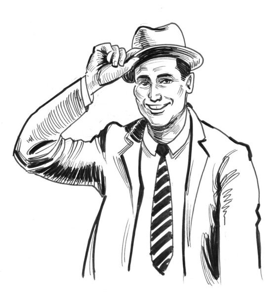 Man greeting by raising hat. Ink black and white drawing