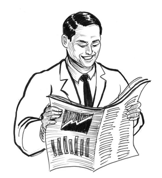 Affärsman Som Läser Tidning Bläck Svart Och Vitt Ritning — Stockfoto