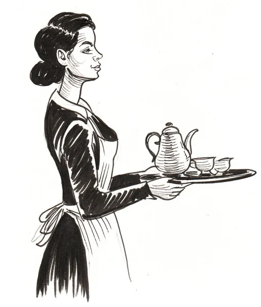 Serveuse Avec Théière Tasses Encre Dessin Noir Blanc — Photo