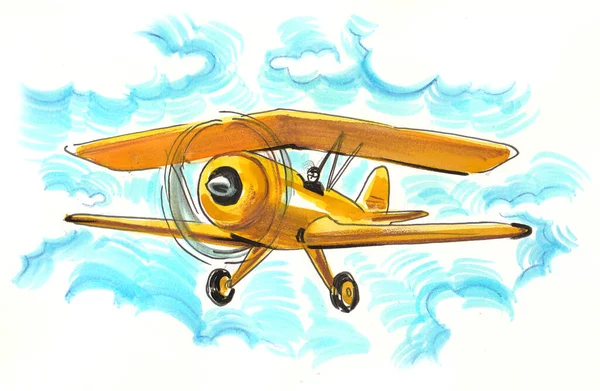 Flying Yellow Retro Biplane Ink Watercolor Drawing — Stock Photo, Image