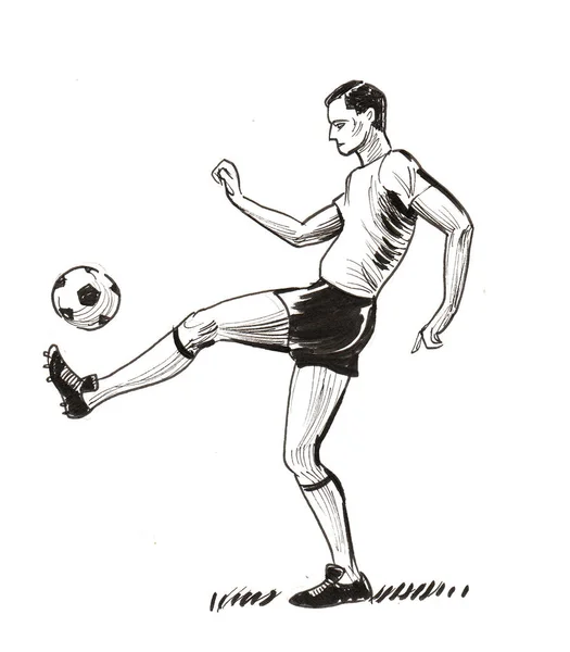 Joueur Foot Avec Ballon Encre Dessin Noir Blanc — Photo