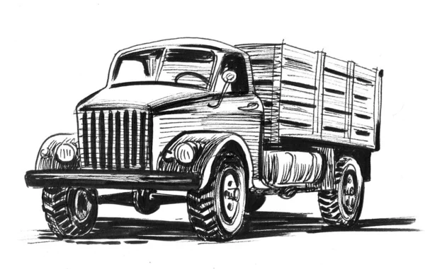 Ρετρό Αμερικάνικο Φορτηγό Μελάνι Ασπρόμαυρο Σχέδιο — Φωτογραφία Αρχείου