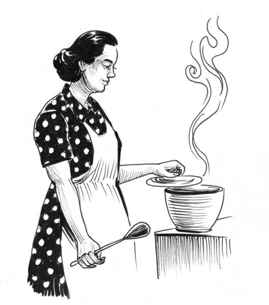 Housewife Cooking Meal Ink Black White Drawing — Stock Photo, Image