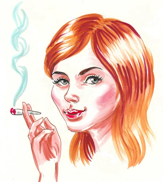 Όμορφη Ξανθιά Γυναίκα Καπνίζει Μαριχουάνα Σχέδιο Μελανιού Και Ακουαρέλας — Φωτογραφία Αρχείου