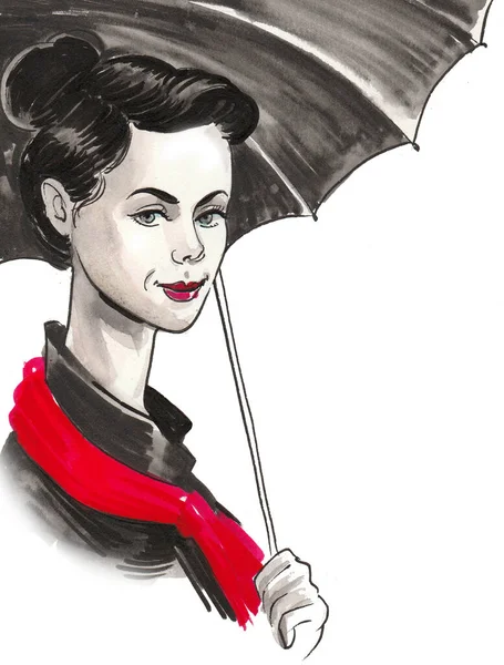 Hezká Žena Deštníkem Kresba Inkoustem Akvarelem — Stock fotografie