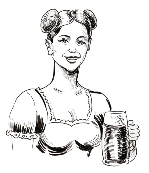 Camarera Alemana Con Vaso Cerveza Dibujo Blanco Negro Tinta — Foto de Stock