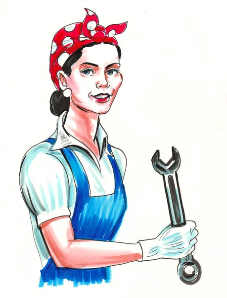 Female Worker Wrench Tool Ink Watercolor Drawing — Stock Photo, Image