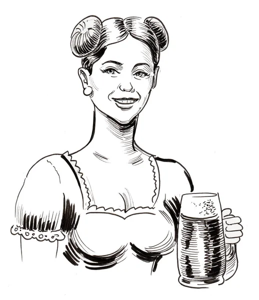 Cameriera Tedesca Con Bicchiere Birra Inchiostro Disegno Bianco Nero — Foto Stock