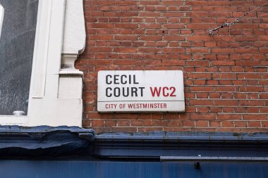 Cecil Court sokak adı, Londra, Uk