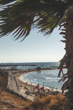 Tel Aviv / İsrail-12 / 10 / 18: Hilton Sahili 'nde dinlenen ve Tel Aviv' deki Akdeniz gezinti güvertesi boyunca yürüyen insanlar