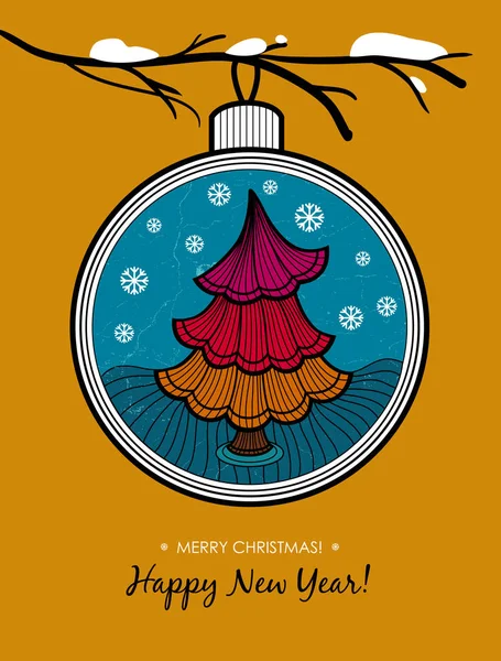 Carte de voeux avec boule de verre et sapin de Noël . — Image vectorielle