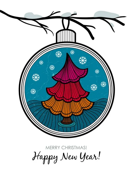Tarjeta de felicitación con bola de vidrio y árbol de Navidad . — Vector de stock