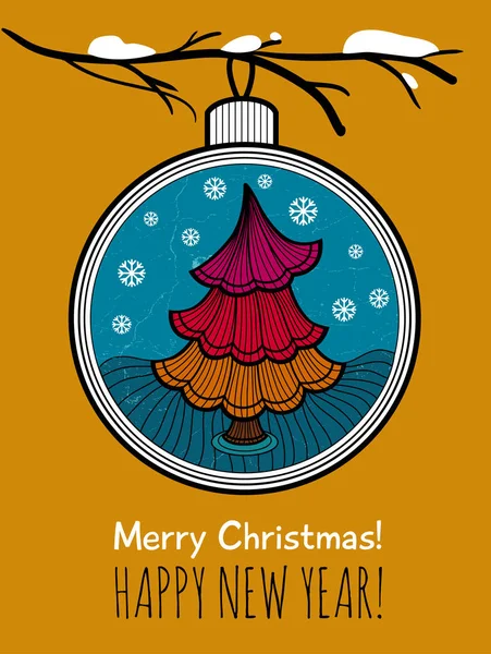 Grußkarte mit Glaskugel und Weihnachtsbaum. — Stockvektor