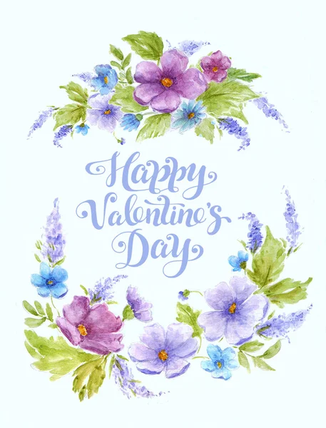 Watercolor greeting card Happy Valentines Day with flowers — Stock Photo, Image