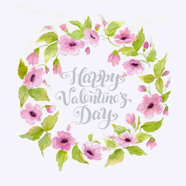 Happy Valentijnsdag kaart met bloem krans. Aquarel wenskaart — Stockfoto