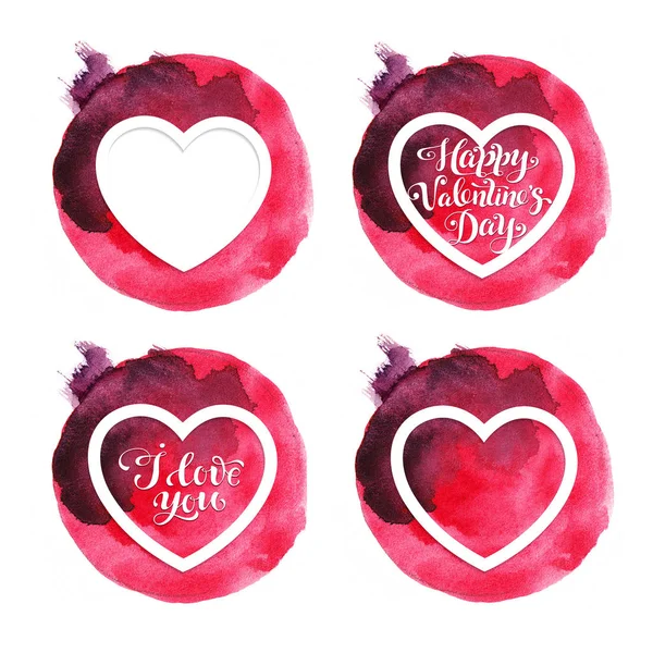 Four red watercolor Valentine cards with hearts for Valentines day — Stock Photo, Image