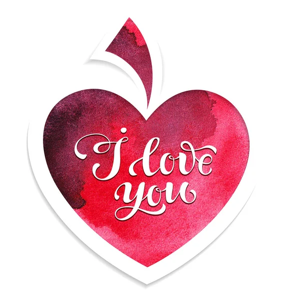 Watercolor red heart for Valentines day. I love you. — Stock Photo, Image