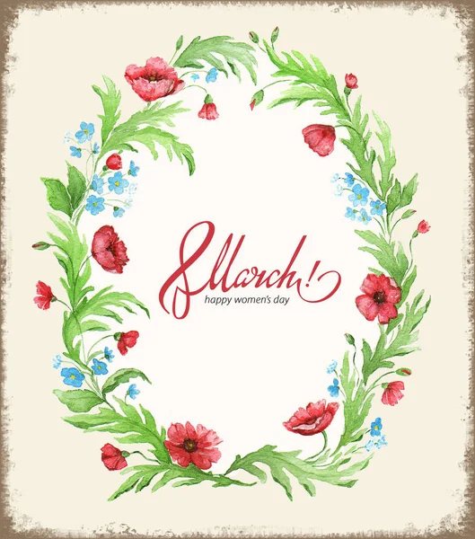 Watercolor greeting card 8 March with poppy wreath — Stock Photo, Image