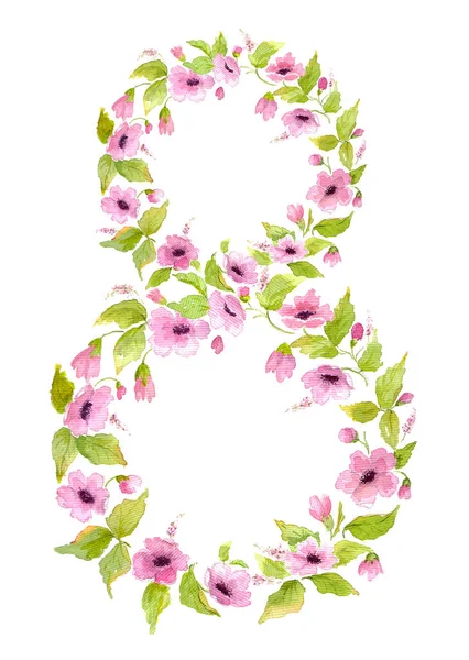 Number eight made of pink watercolor flowers — Stock Photo, Image